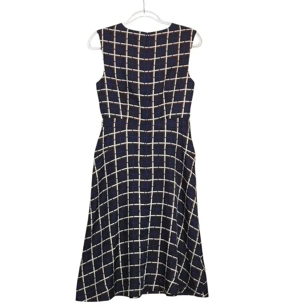 J.Crew Silk Windowpane A-Line Midi Dress Black Tan Navy Jewel Neck Classic 4 NWT